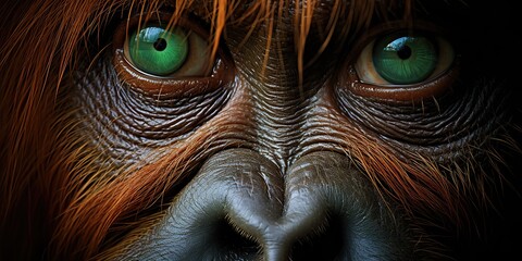 AI Generated. AI Generative. Orangutan monkey face portrait eyes watching on you. Mammal animal background view - obrazy, fototapety, plakaty