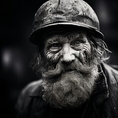 Photo of a bearded miner in black and white.generative ai