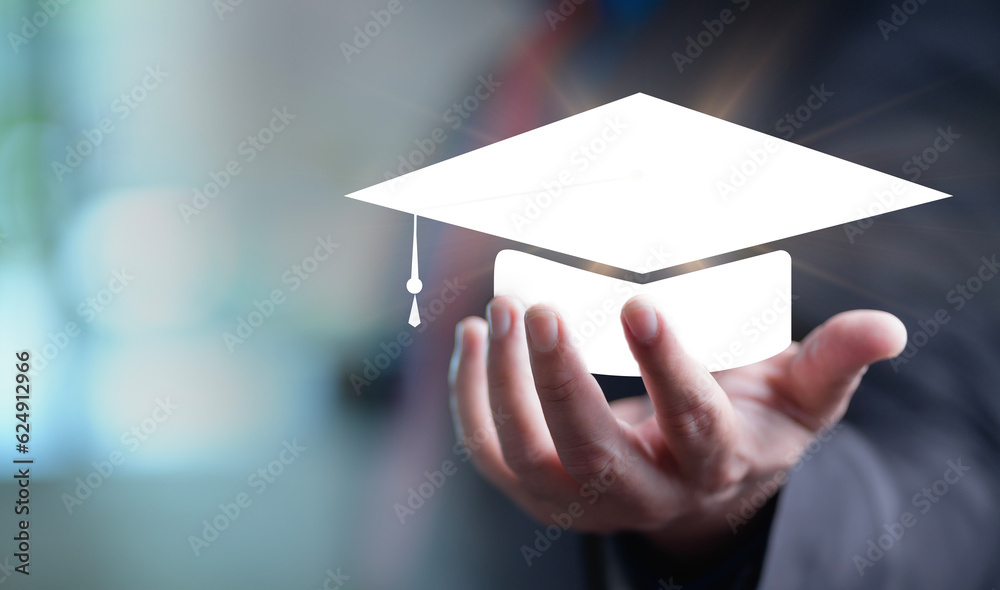 Fototapete Concept of Online education. man use Online education training and e-learning webinar on internet for personal development and professional qualifications. Digital courses to develop new skills..