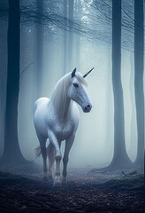Obraz na płótnie Canvas A white unicorn walks through a foggy forest. AI Generated