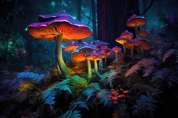 vibrant colors of bioluminescent fungi against dark foliage, created with generative ai