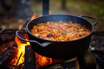 jambalaya ingredients being stirred in pot on open fire, created with generative ai