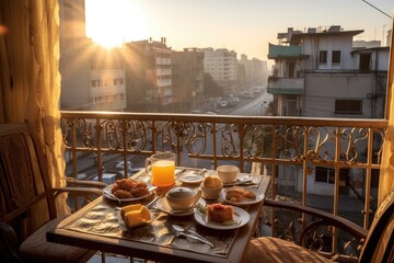 breakfast setup on a balcony with a view of the city, created with generative ai