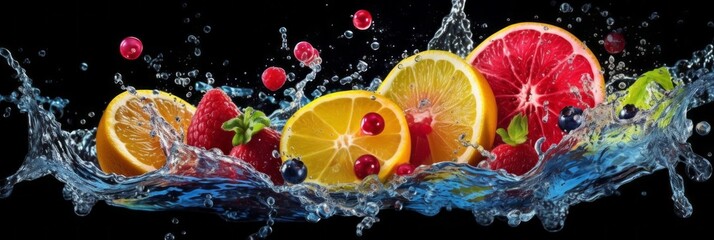 Photo of a colorful assortment of fresh fruits floating in a clear water.generative ai - obrazy, fototapety, plakaty