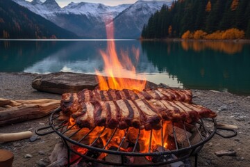 ribs cooking on a campfire with a lake or mountain view, created with generative ai