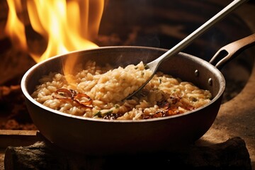 Fototapeta premium wooden spoon stirring risotto over open flame, created with generative ai