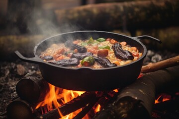 close-up of risotto cooking in cast iron pan over campfire, created with generative ai