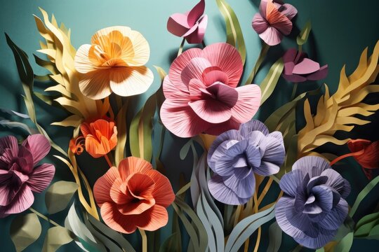 3d paper flowers with shadows creating depth, created with generative ai