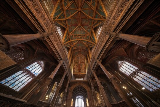 cut-away view of a cathedral's intricate wooden ceiling details, created with generative ai