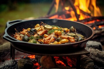 cast iron pan with sizzling food on open fire, created with generative ai