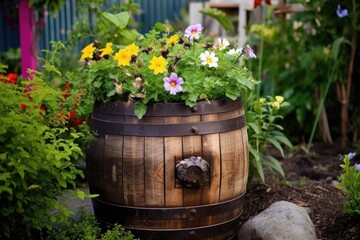 Fototapeta na wymiar wooden barrel repurposed as a flower planter, created with generative ai