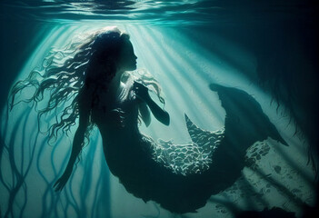 Silhouette of a slender mermaid with long hair in the rays of the sun in the deep blue waters of the ocean. AI Generated