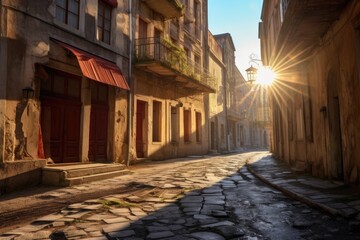 Fototapeta na wymiar sunlight peeking through old buildings onto cobblestone street, created with generative ai