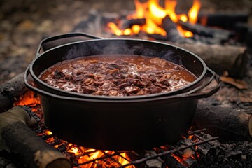 venison chili simmering in a dutch oven over fire, created with generative ai - obrazy, fototapety, plakaty