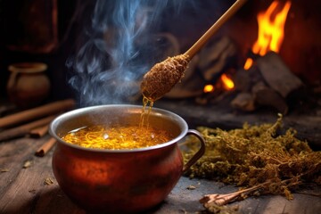 brewing herbal tea with a wooden spoon, fire in background, created with generative ai