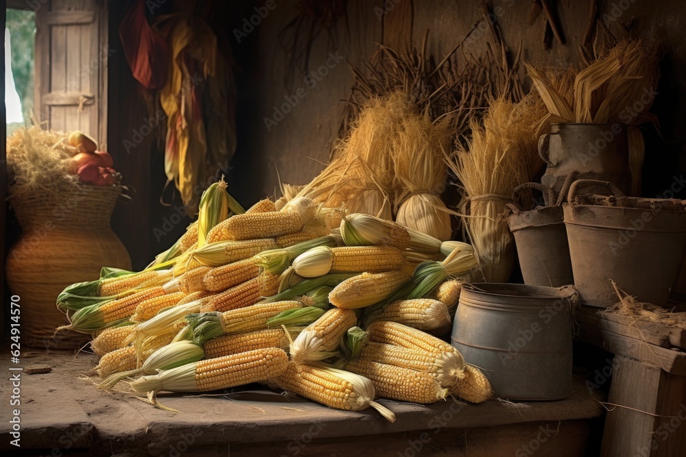 Sticker pile of freshly harvested corn cobs in a rustic setting, created with generative ai