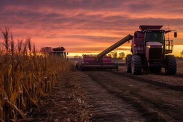 corn harvest equipment parked in the field at dusk, created with generative ai - obrazy, fototapety, plakaty