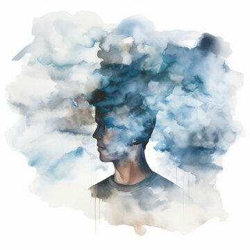Man Disappearing into Cloud or Fog Over His Head, Watercolor Isolated Illustration of Succumbing to Misinformation or Mental Illness