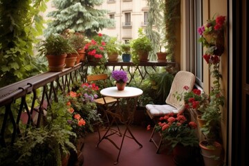 Fototapeta na wymiar small balcony garden with table and chair, created with generative ai