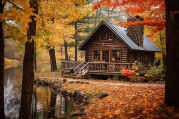 rustic cabin surrounded by autumn foliage, created with generative ai