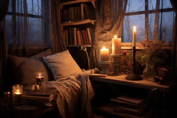 cozy reading nook with book and candlelight, created with generative ai