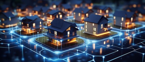 Fototapeta na wymiar Digital Community. Smart Community. Digital Network in Society Concept. Suburban Houses. Data Transactions. Smart Homes. Smart Village. Smart Houses. Made With Generative AI. 