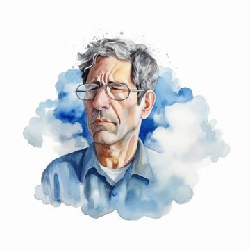 Illustration of Middle-Aged Man With Gray Hair in a Blue Watercolor Cloud with Furrowed Brow and Eyes Squeezed Shut, Exasperated, Exhausted, Embarrassed, or Troubled