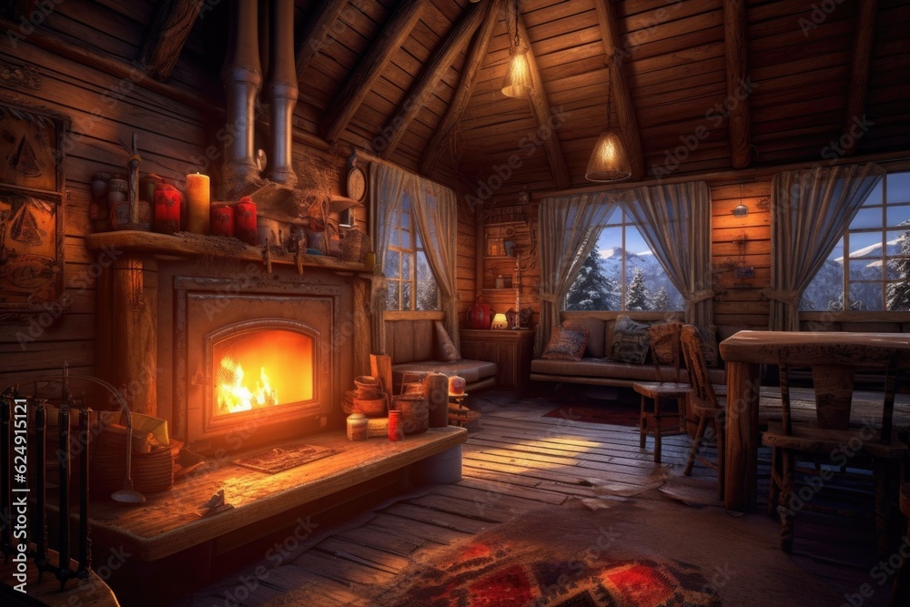 Wall mural warm fireplace inside a wooden winter cabin, created with generative ai