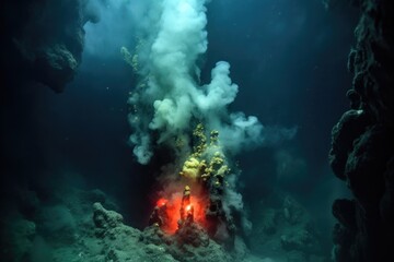 Fototapeta na wymiar hydrothermal vent in a deep sea trench, emitting smoke, created with generative ai