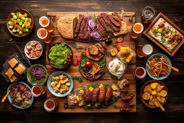 overhead shot of picnic table with craft beers and bbq spread, created with generative ai