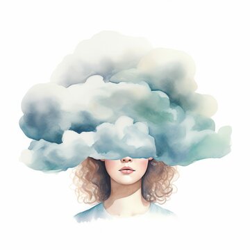 Woman with Wavy Hair, Her Head in a Gray Cloud