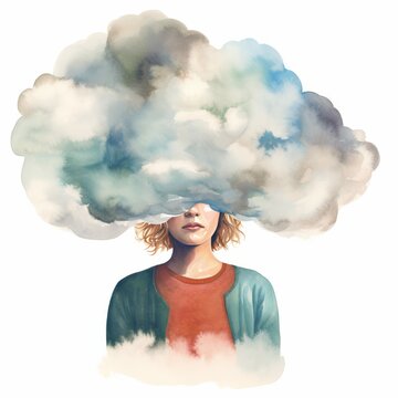 Woman with Cloud over Head Watercolor-Style Illustration