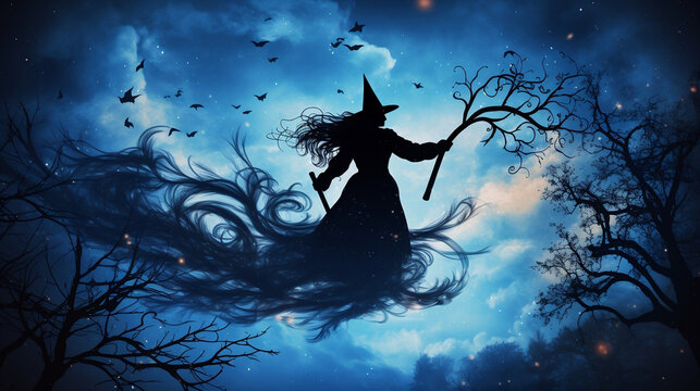 Halloween witch silhouette flying moon new quality universal colorful technology image illustration design, generative ai