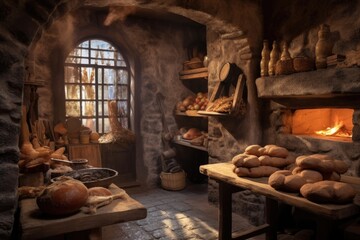 rustic bakery setting with a stone oven and bread, created with generative ai