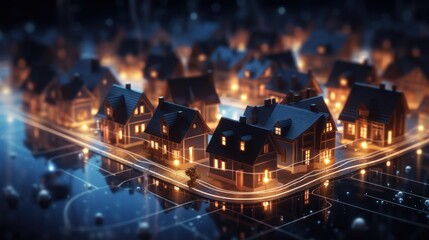 Digital Community. Smart Community. Digital Network in Society Concept. Suburban Houses. Data Transactions. Smart Homes. Smart Village. Smart Houses. Made With Generative AI.	