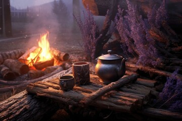 steaming cup of lavender tea on a log near campfire, created with generative ai