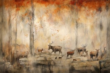 faded cave painting of animals in prehistoric landscape, created with generative ai