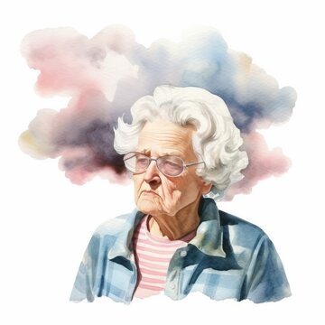 Elderly Woman with Cloud Behind Head Symbolizing Dementia, Mental Illness, Depression