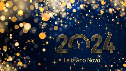 cartão ou banner para desejar um feliz ano novo 2024 em ouro o 0 é um relógio em um fundo gradiente azul escuro com estrelas e círculos na cor dourada no efeito bokeh