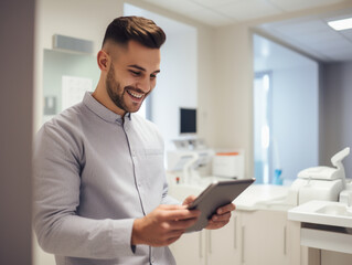A Man Using a Digital Tablet to Check In at a Dental Office | Generative AI