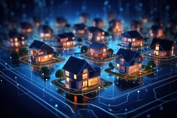 Digital Community. Smart Community. Digital Network in Society Concept. Suburban Houses. Data Transactions. Smart Homes. Smart Village. Smart Houses. Made With Generative AI.	 - obrazy, fototapety, plakaty