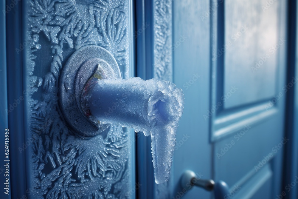 Canvas Prints frosty door handle with a de-icing tool nearby, created with generative ai