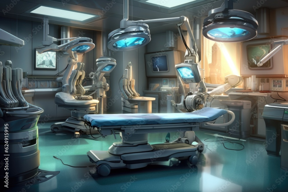 Wall mural advanced surgical robotic arm in operation room, created with generative ai