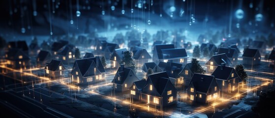 Obraz na płótnie Canvas Digital Community. Smart Community. Digital Network in Society Concept. Suburban Houses. Data Transactions. Smart Homes. Smart Village. Smart Houses. Made With Generative AI. 