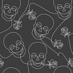 Monochrome seamless vector pattern. Skull rose flower icon. Line continuous drawing. Hand drawn background illustration. Wallpaper print, fabric, wrapping paper, graphic design, card, brochure.