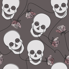 Vector skull icon, rose flower seamless pattern. Line continuous drawing. Hand drawn background illustration. Wallpaper print, fabric, wrapping paper, packaging, graphic design, card, brochure.