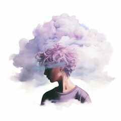 Young Person with Pink Hair with Head in Fog or Cloud