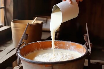 cheese making process, curdled milk in container, created with generative ai - obrazy, fototapety, plakaty
