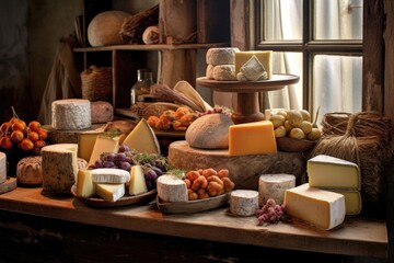 assortment of cheeses on rustic wooden table, created with generative ai