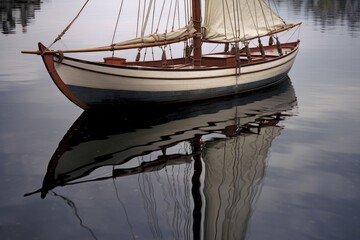 beautifully restored wooden sailboat reflecting on calm water, created with generative ai